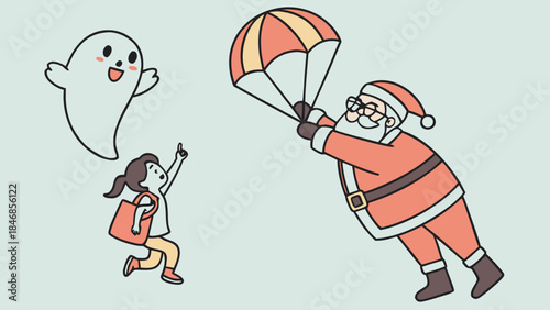 A cartoon illustration depicts Santa Claus parachuting down to a girl who is pointing at a friendly ghost floating nearby.