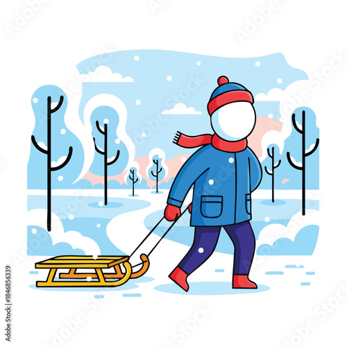 A person bundled in winter attire pulling a wooden sled through a peaceful snowy landscape scene depiction