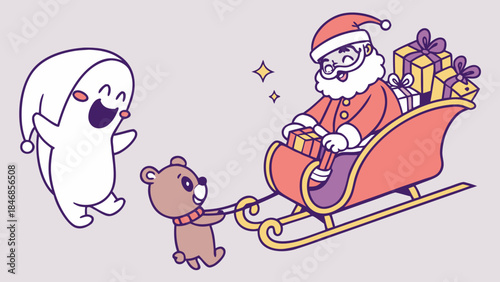 A cute cartoon illustration of Santa Claus in his sleigh with gifts, being pulled by a small bear, while a happy ghost character watches.