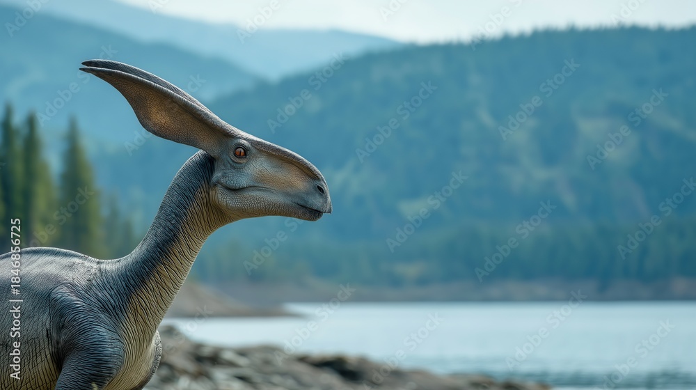 Fototapeta premium Parasaurolophus walkeri by lakeside in mountains