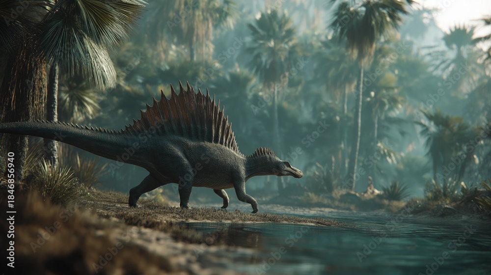 Fototapeta premium Spinosaurus aegyptiacus Walking Along Tropical Riverbank