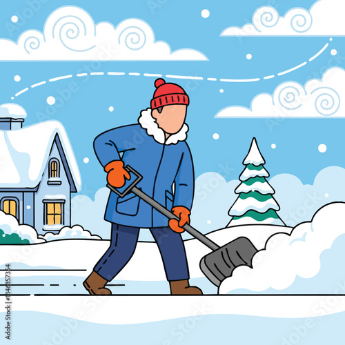 Person clearing winter snow from sidewalk in front of a house illustration for seasonal tasks