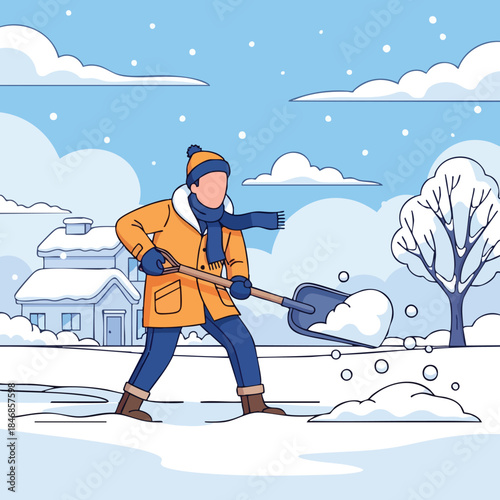 Illustration of a man energetically shoveling snow from a pristine path in a calm residential winter setting for graphic design purposes