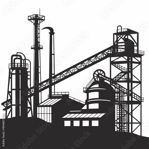 Silhouette of a heavy industrial complex with blast furnaces, conveyor belts, and tall smokestacks against a, representing manufacturing and metallurgy