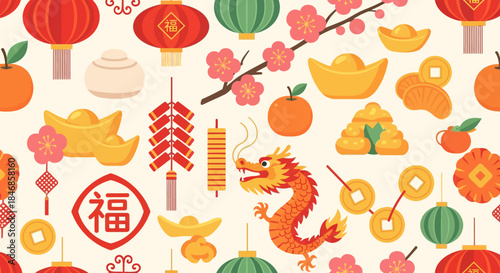 Festive Chinese New Year Pattern with Dragon and Golden Ingots