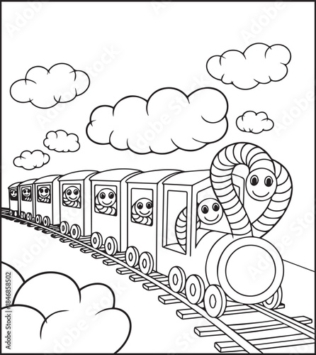 Cute snakes enjoy train riding in nature black outline vector illustration coloring page design for kids