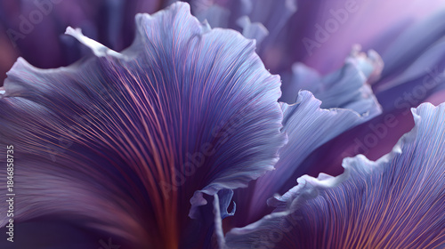 Extreme close up macro photograph reveals intricate velvety texture and delicate veining of deep purple and blue flower petals
