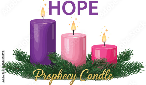 Advent prophecy candle illustration featuring glowing purple and pink candles with evergreen branches, symbolizing hope and faith in elegant festive vector artwork