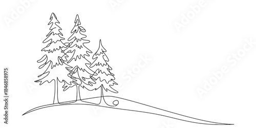Continuous line drawing of three pine trees standing on a rolling landscape hill Vector, illustration