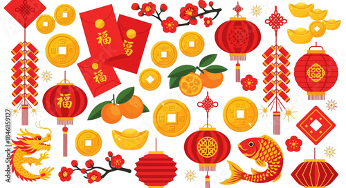 Festive Chinese New Year Elements Lanterns, Gold Coins, and Oranges Illustration