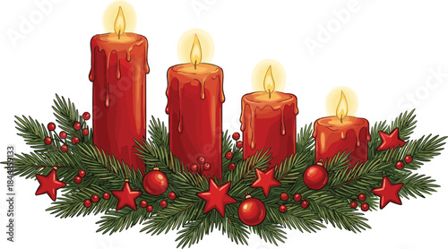 Beautiful Christmas illustration featuring glowing red candles, evergreen branches, festive ornaments, holly berries, and decorative stars creating warm seasonal holiday atmosphere and celebration
