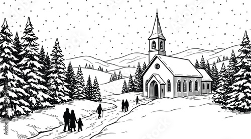 Beautiful winter landscape illustration featuring snowy church, pine trees, mountains, falling snow and people walking through peaceful holiday season countryside scene in vector style