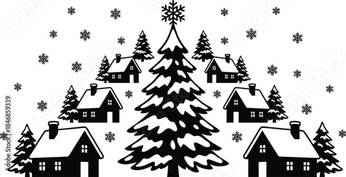 Charming winter village scene with snowy houses, pine trees, falling snowflakes and festive holiday atmosphere illustrated in a clean decorative black and white vector style