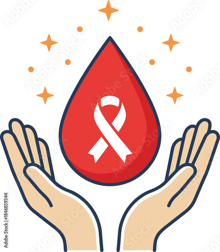 Blood donation awareness illustration featuring red drop with white ribbon and caring hands, promoting support, health, hope, charity, and lifesaving humanitarian action