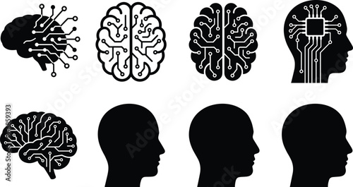Collection of artificial intelligence brain icons featuring circuit patterns, neural connections, human head silhouettes and digital technology concepts in modern vector design