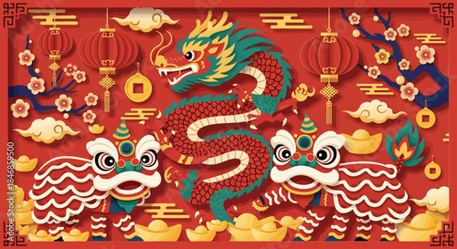 Festive Chinese New Year Celebration with Dragon, Lions, and Golden Ingots