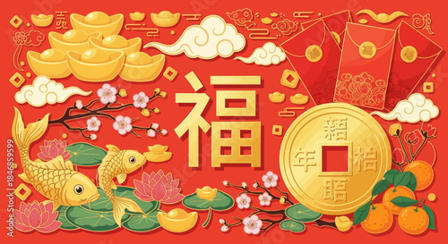Festive Chinese New Year Design with Gold, Red Envelopes, and Auspicious Symbols