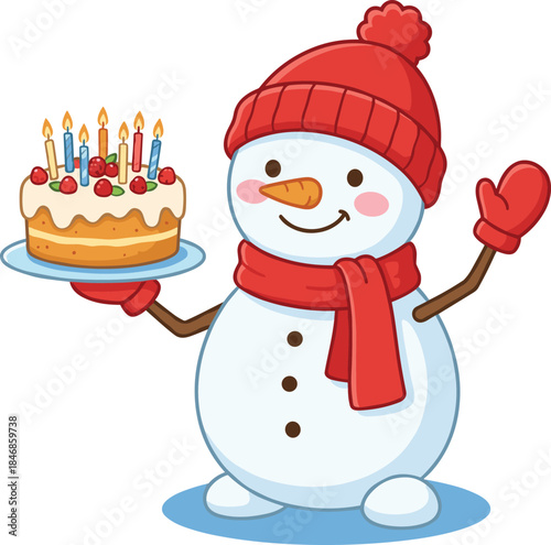 Cute festive snowman holding birthday cake with candles wearing winter hat and scarf Christmas celebration illustration perfect for holiday cards and decorations