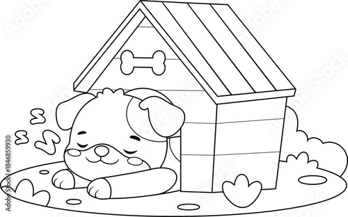 Puppy Dog Cartoon Character Sleeping In Dog House – Black and White Vector Hand Drawn Illustration Isolated On Transparent Background