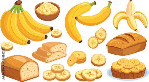 Banana collection vector set. Fruit, sliced, smoothie, baked bread, cake, and fried snacks illustration