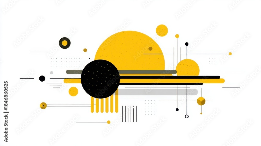 Obraz premium Abstract geometric composition featuring circles and lines in vibrant yellow, black, and grey tones for modern design projects and creative backgrounds
