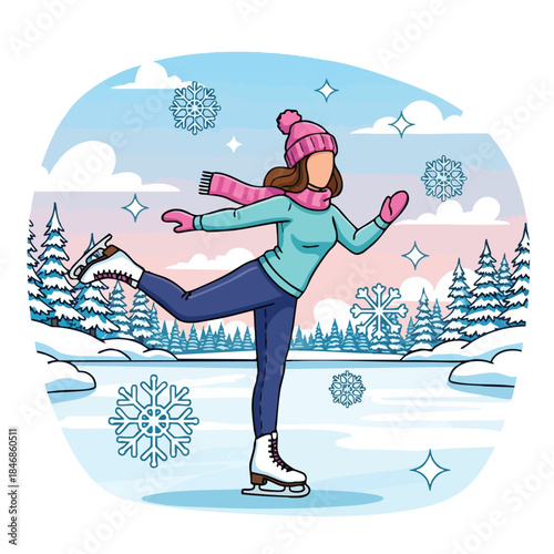A playful winter scene with a young girl ice skating gracefully across a frozen lake surrounded by snowy trees and festive snowflakes