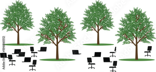Modern outdoor workspace illustration with laptops, office chairs, and green trees representing nature working environment, remote work concept, eco-friendly productivity scene