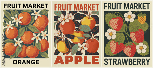 Retro fruit market triptych featuring oranges, apples, and strawberries with bold colors, clean lines, and a cohesive vintage design.
