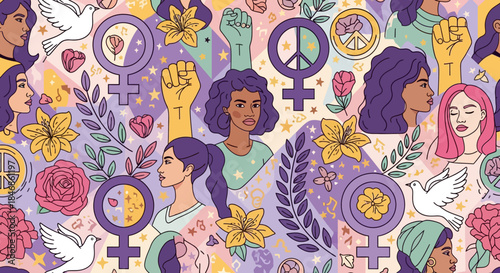 Empowering Women A Vibrant Collage of Feminism, Peace, and Floral Beauty Depicting Unity, Strength, and Cultural Diversity