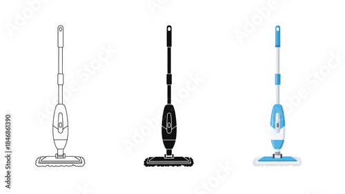 Long Handle Cleaning Brush Vector Set in Three Styles – Outline, Silhouette and Color Tool
