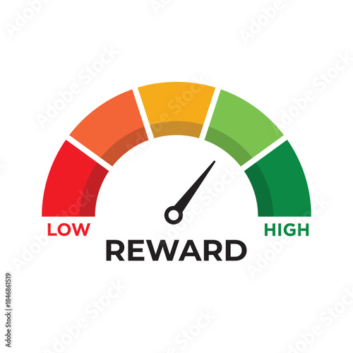 Reward Meter, measuring scale, speedometer, indicator. Low to High, From red to green level, Meter, Vector stock illustration, Risk vs Return, High risk high return business concept