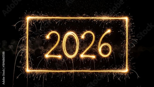 Number 2026 written sparkling sparklers on rectangular frame and black background. firework fireworks pyrotechnic.