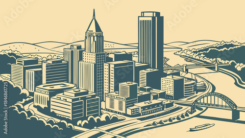 Vintage drawing of pittsburgh skyline, replacing omaha, suitable for prints, posters, travel brochures, and citythemed designs. Classic charm.