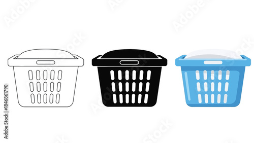 Laundry Basket Vector Set in Three Styles – Outline, Silhouette and Color Household Container