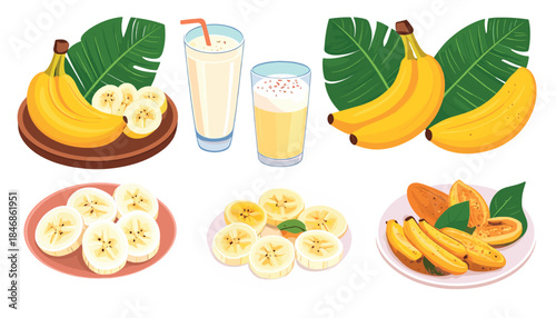 Banana dessert collection set. Smoothie, shake, raw and fried bananas, slices, and tropical leaves illustration