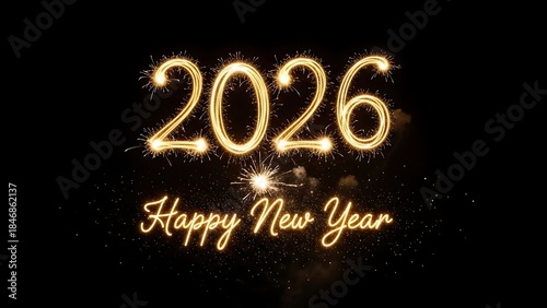 happy new year, new year's eve, silvester, new year, celebration greeting card, new year card.  Happy new year 2026 sparkler text. Burning sparkling text 2026 isolated on black background.