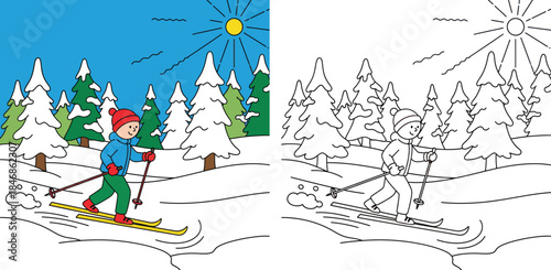 Coloring book page for kids: happy cartoon boy skiing in sunny winter forest with pine trees, featuring colored example and outline sketch vector illustration.