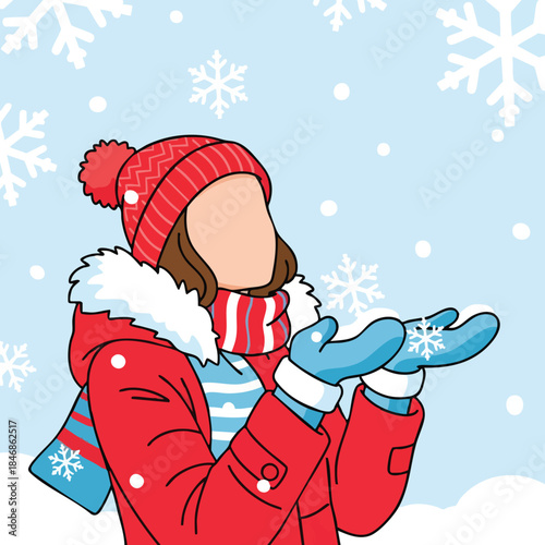 A person in winter attire enjoying a gentle snowfall with snowflakes adorning the blue sky