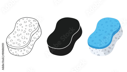 Cleaning Sponge Vector Set in Three Styles – Outline, Silhouette and Color Household Tool