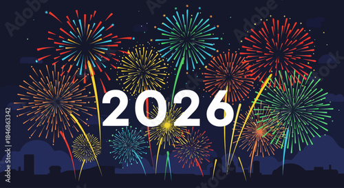 Celebrating 2026 A vibrant illustration of fireworks against a city skyline
