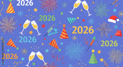 Festive 2026 New Year's Pattern with Fireworks and Toasts
