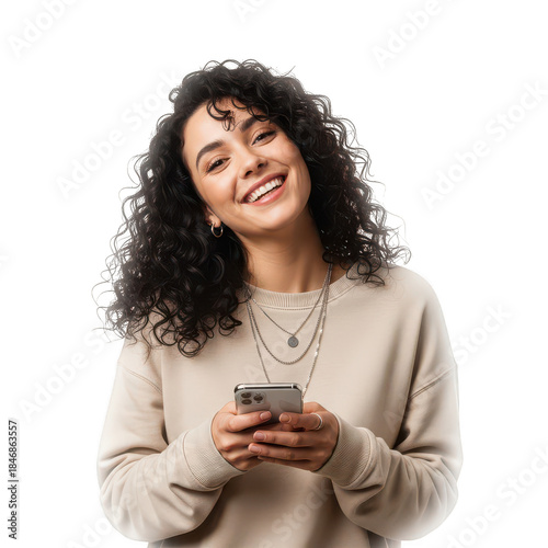 Smiling woman holding a smartphone isolated on transparent background