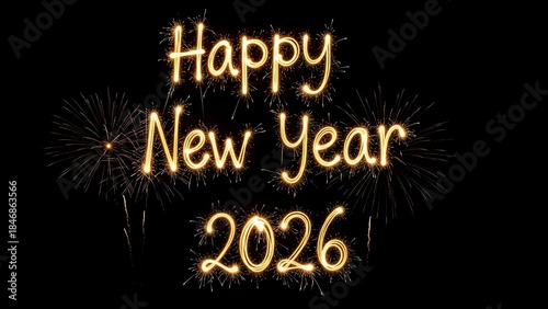 new year 2026 fireworks. happy new year, new year's eve, new year, celebration greeting card, new year card. Happy new year 2026 sparkler text on dark background.
