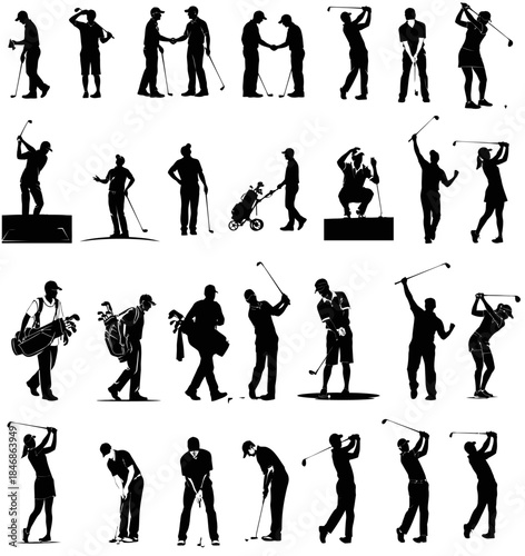 Set of golf players vector silhouettes on white background showing various poses from teeing off to putting and carrying bags