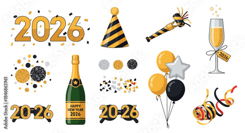 Festive 2026 New Year Celebration with Confetti, Balloons, and Champagne