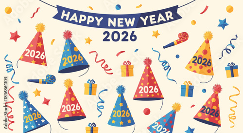 Festive 2026 New Year Celebration with Party Hats and Decorations