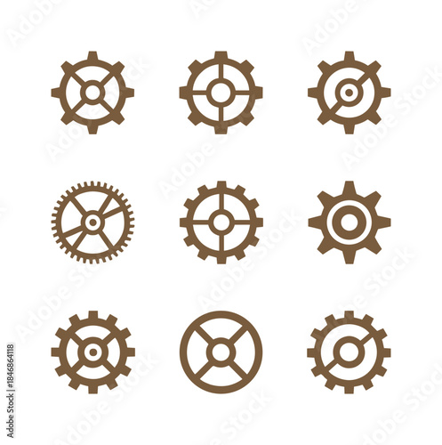 Set of brown retro steampunk gear wheel cog mechanism industrial machine parts icons vector illustration collection mechanical.