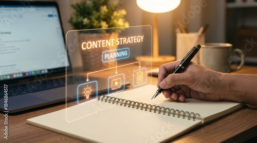Content creator hand writing on notebook with digital content strategy hologram, creative social media marketing planning concept and online business editorial innovation in home office.