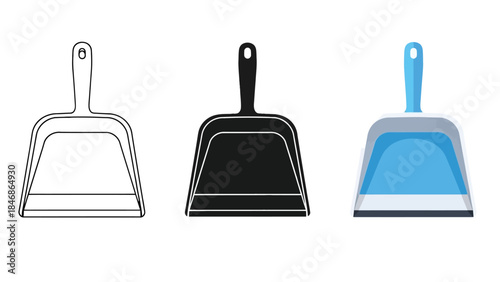 Dustpan Vector Set in Three Styles – Outline, Silhouette and Color Cleaning Tool Illustration