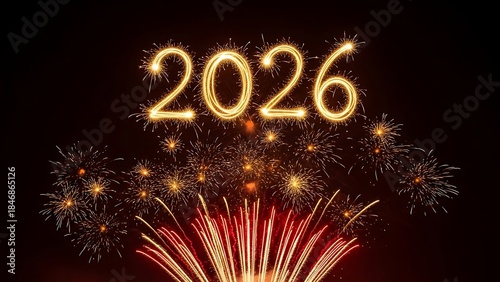 Year 2026 in sparkler font, stars and firework fireworks pyrotechnic, isolated. New year 2026 with fireworks. 